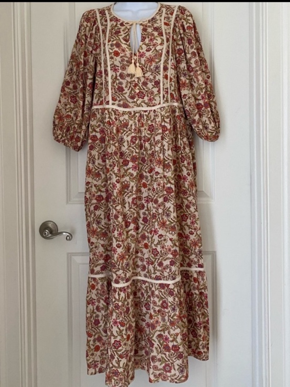 Floral Peach Midi Dress with Long Sleeves - Picture 3 of 10
